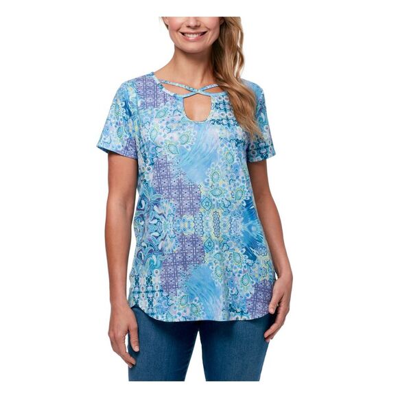 GLORIA VANDERBILT Tops - GLORIA VANDERBILT Womens Blue Printed Short Sleeve Keyhole T-Shirt M